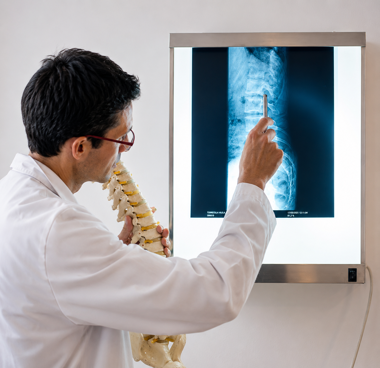 Aitor Torrecilla revisando una radiografía con un modelo anatómico de columna